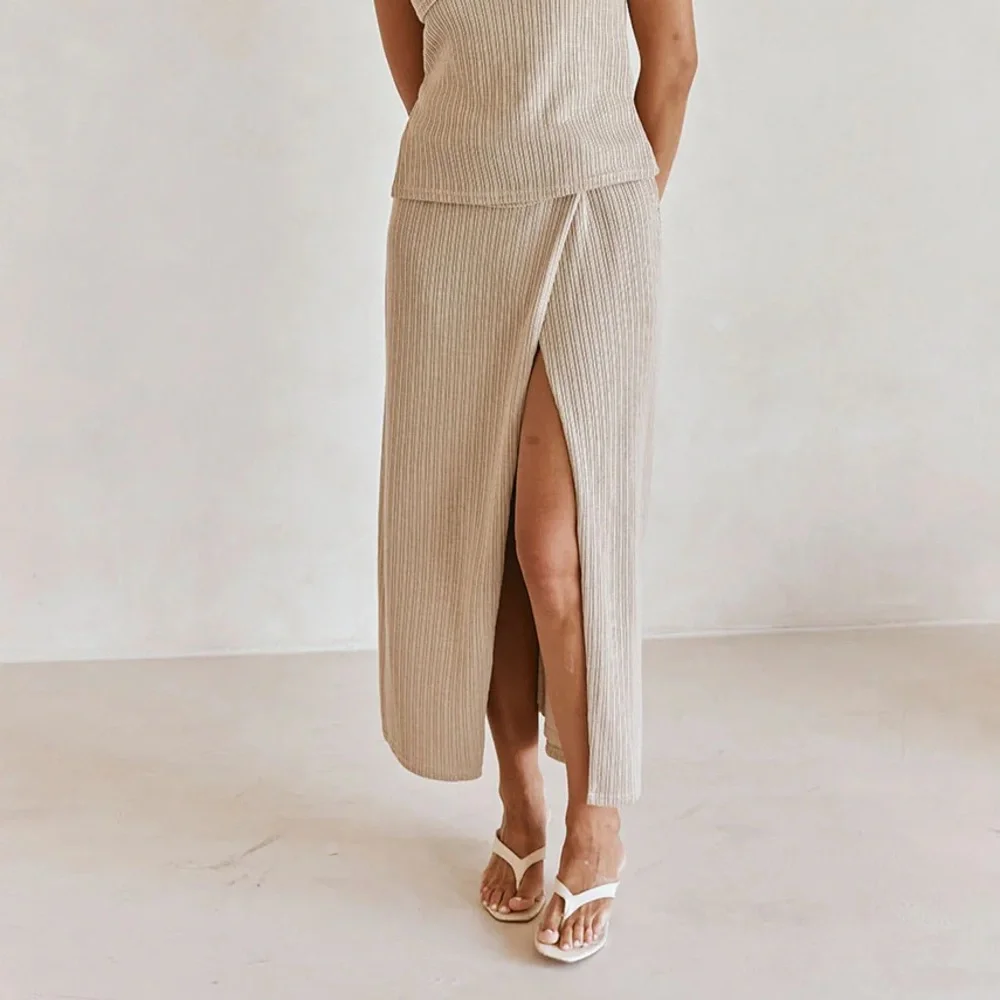 NWT SABO Nina Boho Knot-Front Ribbed Knit Hight Waisted Beige Split Maxi Skirt - Picture 1 of 14